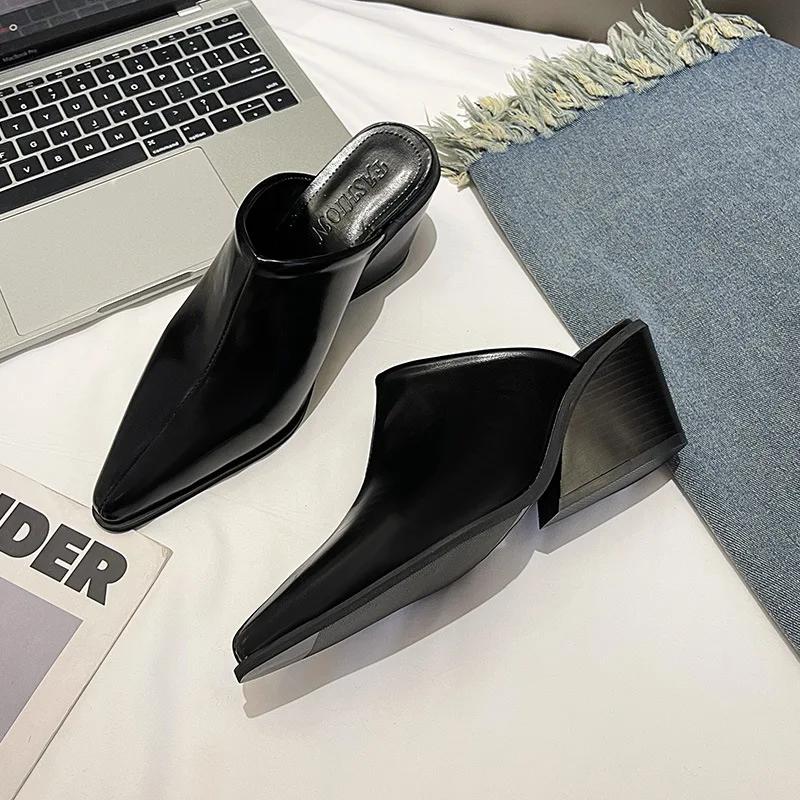 Shoes Woman's Slippers Loafers Luxury Slides Female Mule Cover Toe Square heel On A Wedge Heeled Mules Low 2025 Designer Block