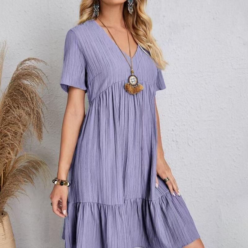 2026Summer Women's Loose Casual Short-sleeve Dress In Solid Color V Collar Dress