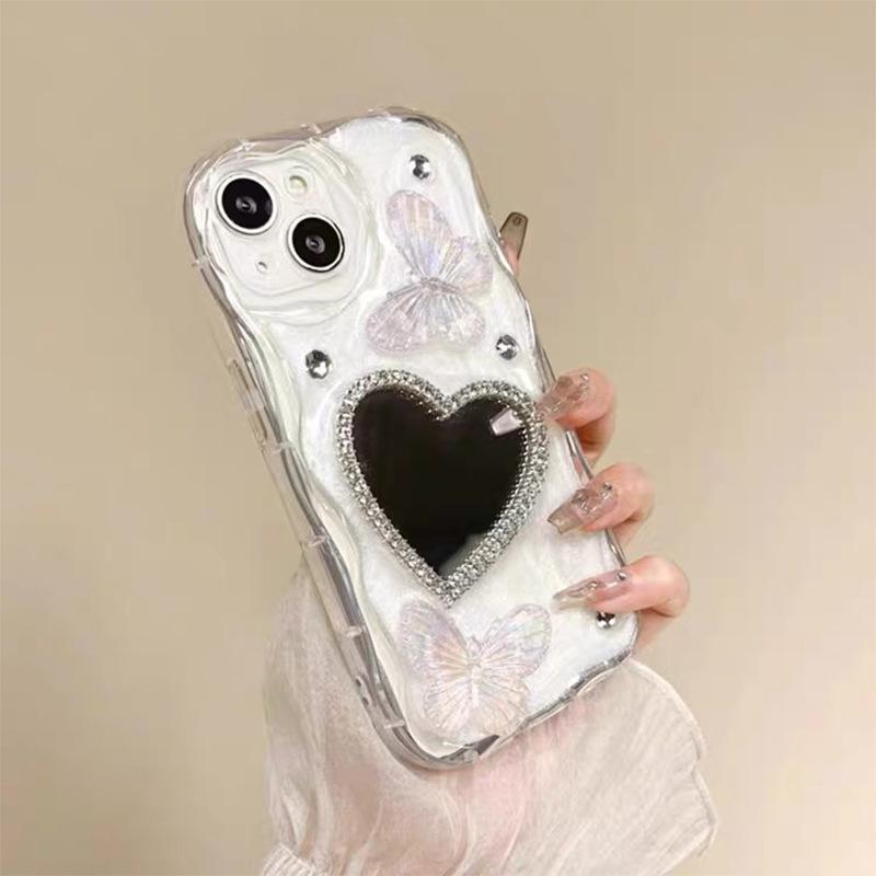 Rhinestone Butterfly Phone Case for Apple 17Pro Love Edge Rhinestone Glass Mirror for Apple 15 Drop Glue Fine Hole Soft