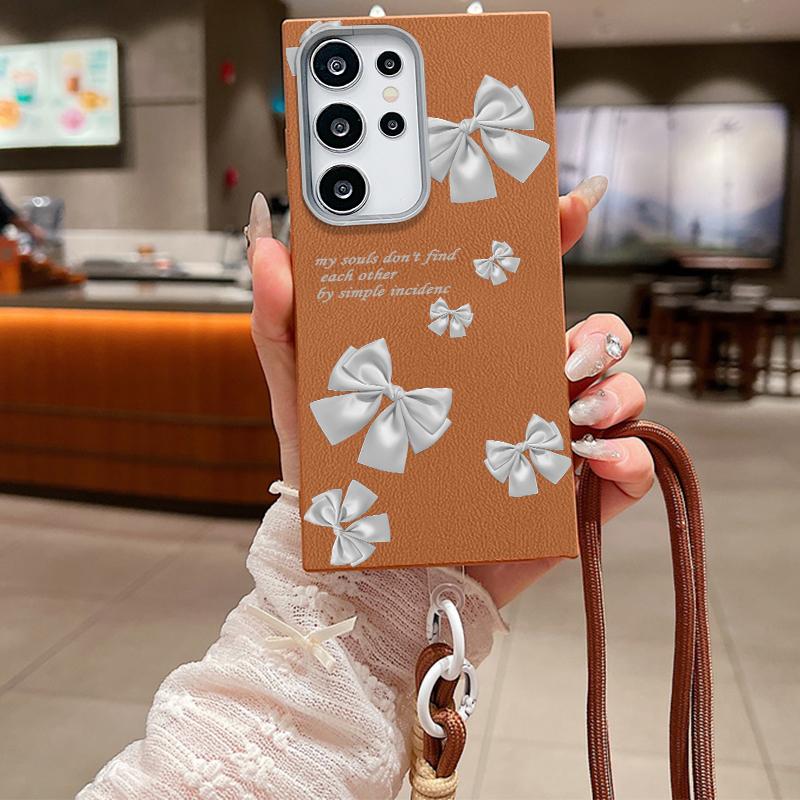 Bowknot Print Leather Texture Slim Matte Case For Samsung S25 Ultra S24 FE S23 A16 A56 A55 A36 A15 A35 Lanyard Rope Shockproof TPU Soft Phone Cover