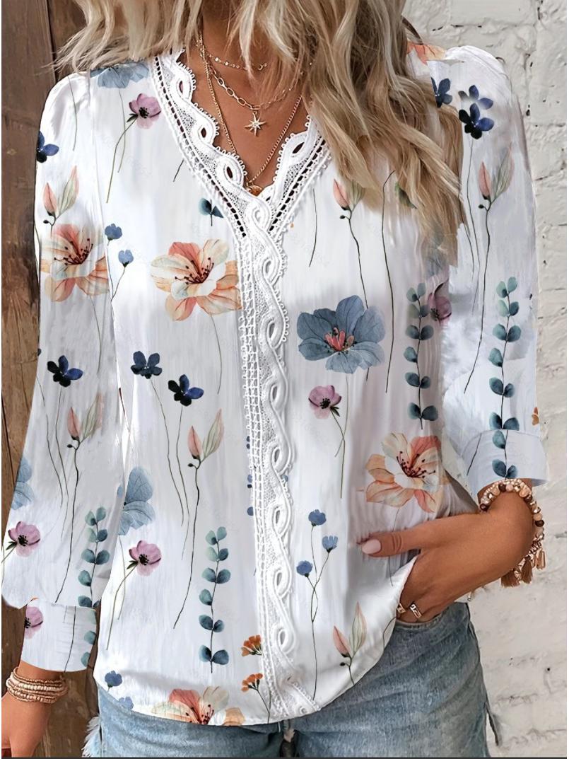 

2023 Women s Autumn V-Neck Lace Patchwork Long Sleeve Blouse Shirt L білий