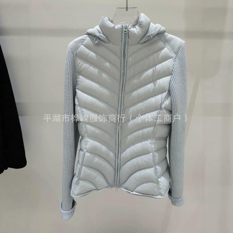New knitted sleeve splicing down jacket women's slim hooded ribs pattern white duck down light and thin warm jacket