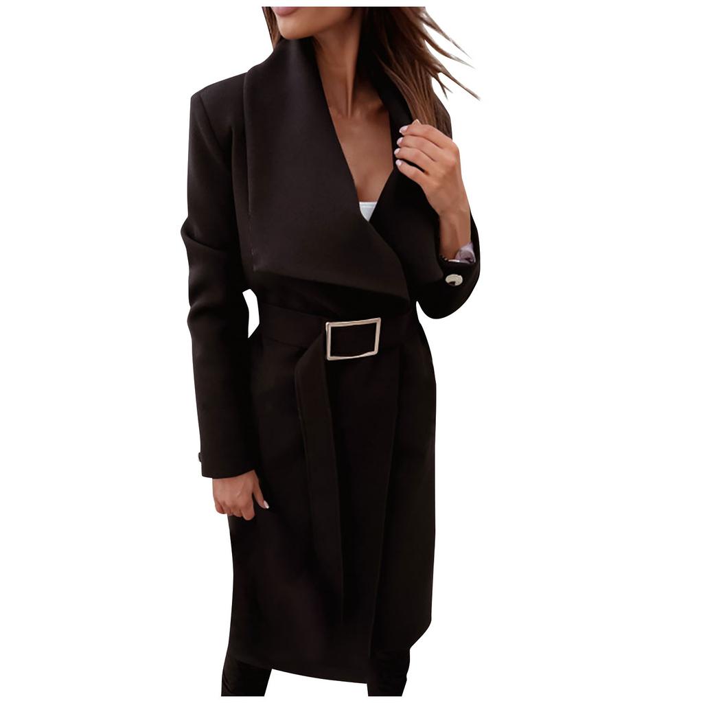 Women's  Winter Long Sleeve Lapel Pocket Casual Coat Belt Woolen Coat