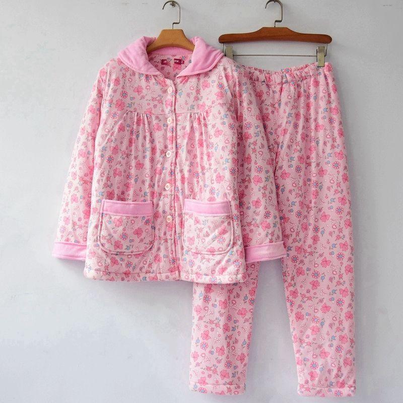 

Women s Pink Print Three-Layer Thick Quilted Pajamas Set Light powder Print L(170)