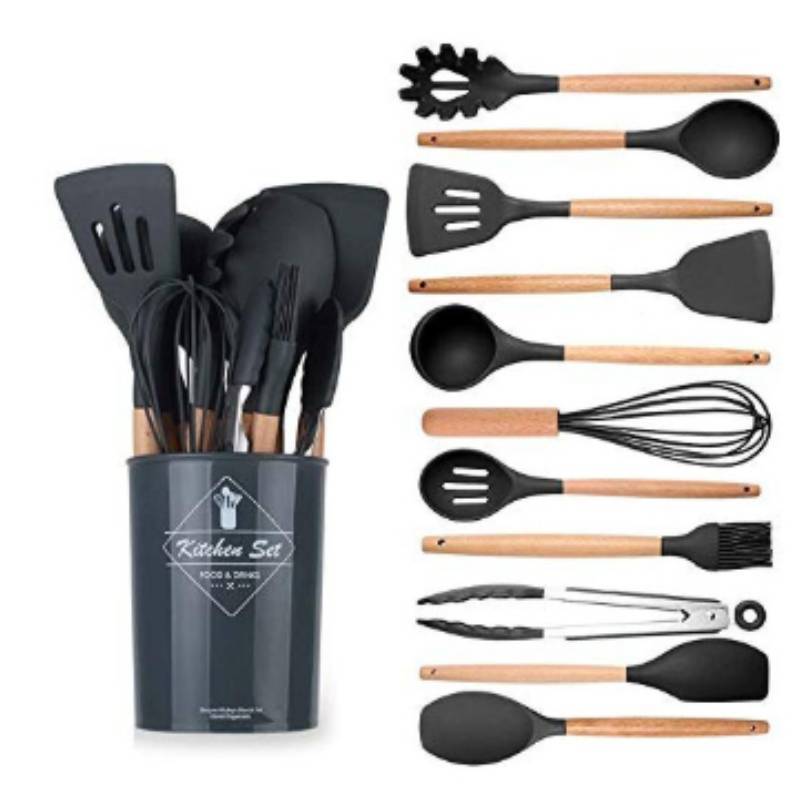 Silicone Kitchen Utensil Set With Wooden Handles For Nonstick Cooking And Heat Resistance