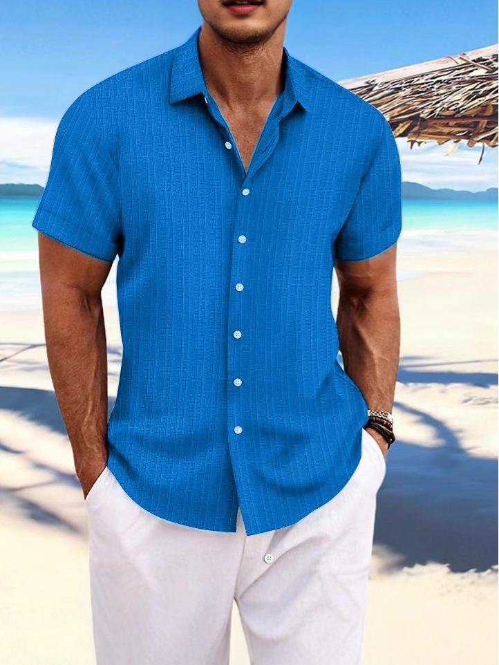 Men's Casual Striped Jacquard Cotton Linen Short-Sleeve Shirt