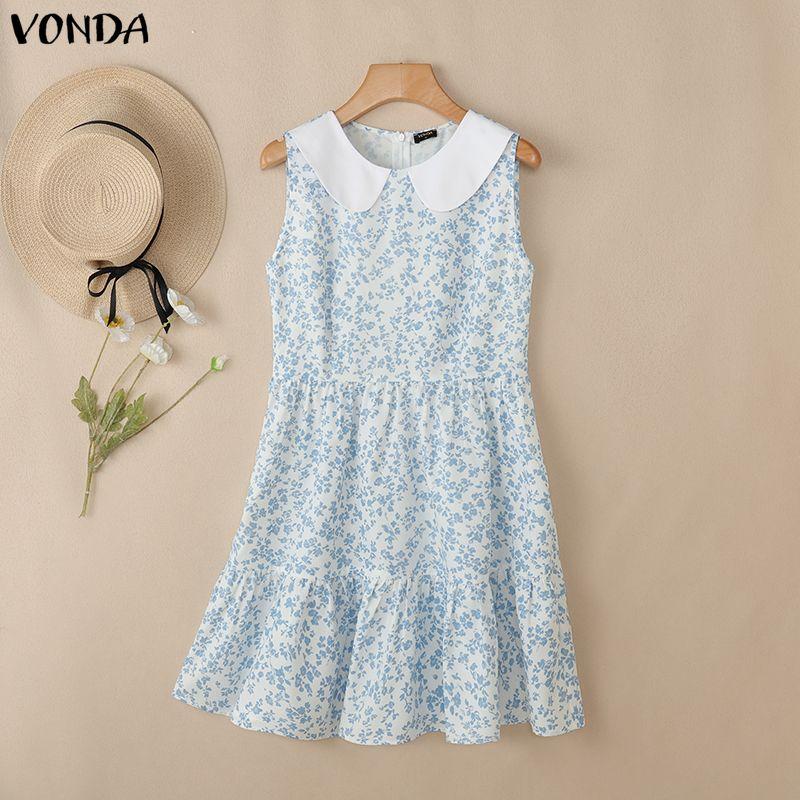 VONDA Women Lapel Neck Sleeveless Floral Print Ruffled Casual Mini Tank Dress