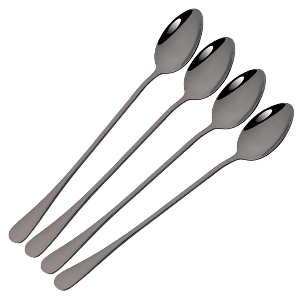 4Pcs Stainless Steel Long Handled Spoon Set Shiny Stirring Coffee Dessert Spoon Suitable for Milk Tea Juice Milkshakes Ice Cream