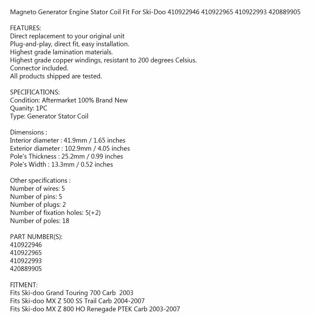 Stator Generator for SkiDoo 600 700 800 420889905 410922946 410922965 410922993