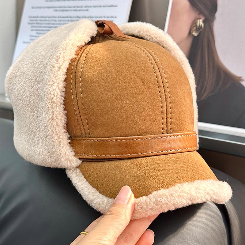 Women Fur Lamb Wool Warm Thick Earflaps Bomber Hats Girls Fur Baseball Cap Russian Unisex Hight Quality Hat Winter Leather Hat