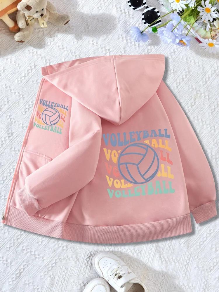 Kids Zip Up Hooded Jacket Colorful Volleyball Letter Graphic Long Sleeve Casual Sports Hoodie For Boys Girls Daily Training Outf