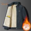 Men Jacket Stand Collar Long Sleeve Thickened Velvet Lined Warm Winter Coat with Pockets Zipper Placket Cotton Jacket