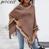 BITCED Knitted Fringe Cape for Women - Autumn/Winter Solid Colour Oversized Pullover Shawl Coat
