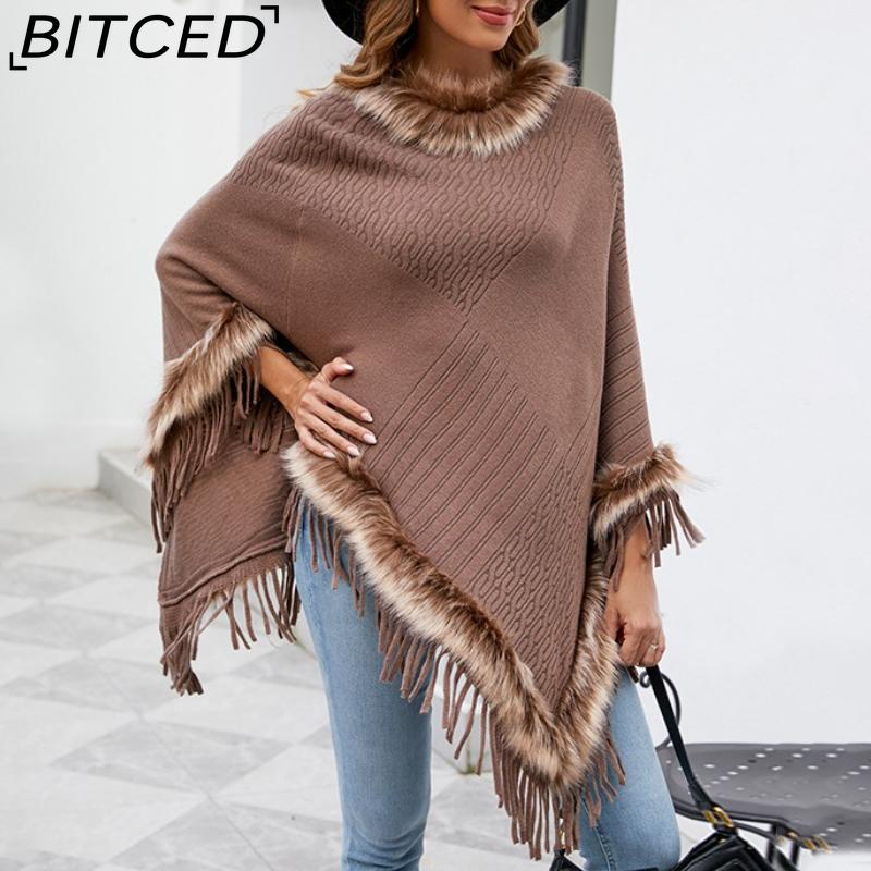 BITCED Knitted Fringe Cape for Women - Autumn/Winter Solid Colour Oversized Pullover Shawl Coat