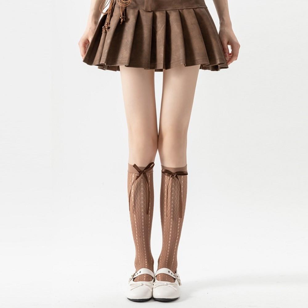 

Bowknot Detail Lolita Socks Thin Fishnet Stockings Sweet JK Long Stocking Daily Wear кавовий