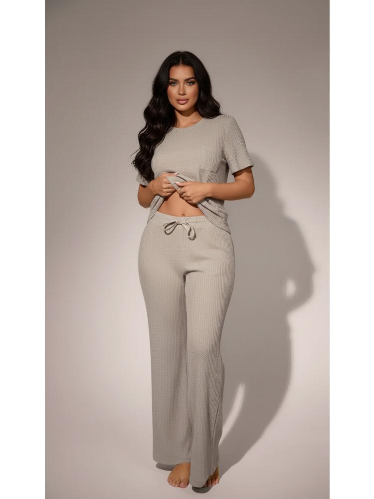 Women 2 Piece Casual Set Short Sleeve Long Pants Textured Waffle Set For Women