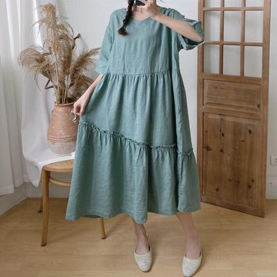 Vintage Linen Women Simple Dresses Summer Casual Solid Color Loose Women Dress