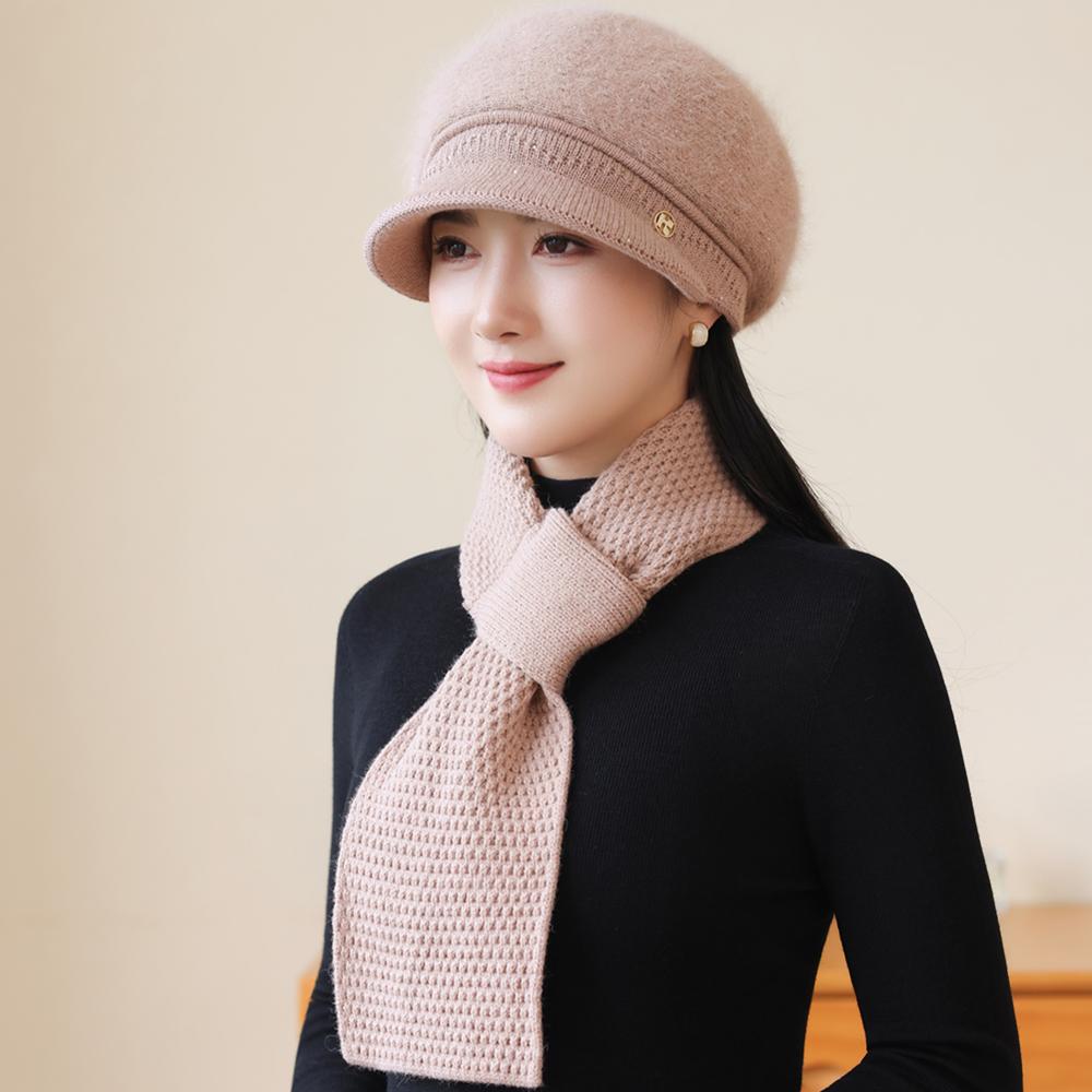 New Women Fashion Winter Warm Set K Letter Plush Fur Lined Warm Hats For Women Casual Rabbit Fur Blend Outdoor Dandy Knitted Cap