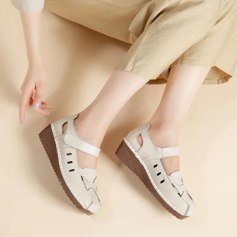 Johnature Retro Wedges Sandals Genuine Leather Breathable Shallow Soft Soled Women's Shoes
