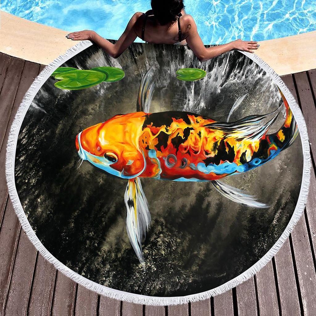 Koi Fish Round Beach Towel Soft Sand Free Quick Dry Circle Bath Towel Absorbent Meditation Rug Yoga Mat Throw Fringe Tapestry