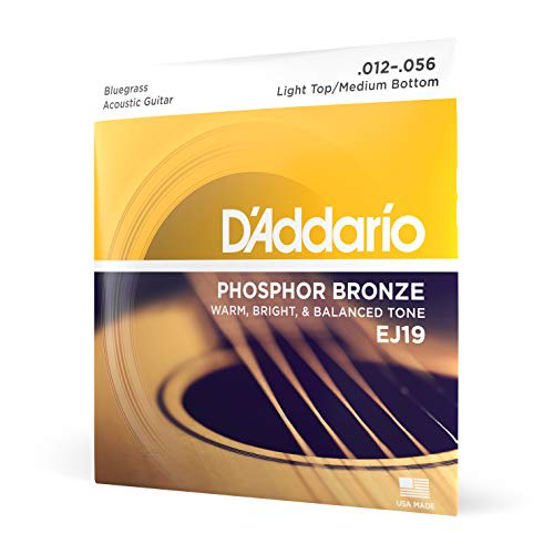 D'Addario Phosphor Bronze Acoustic Guitar Strings, Bluegrass: Light Top/Medium Bottom, .012-.056, EJ19