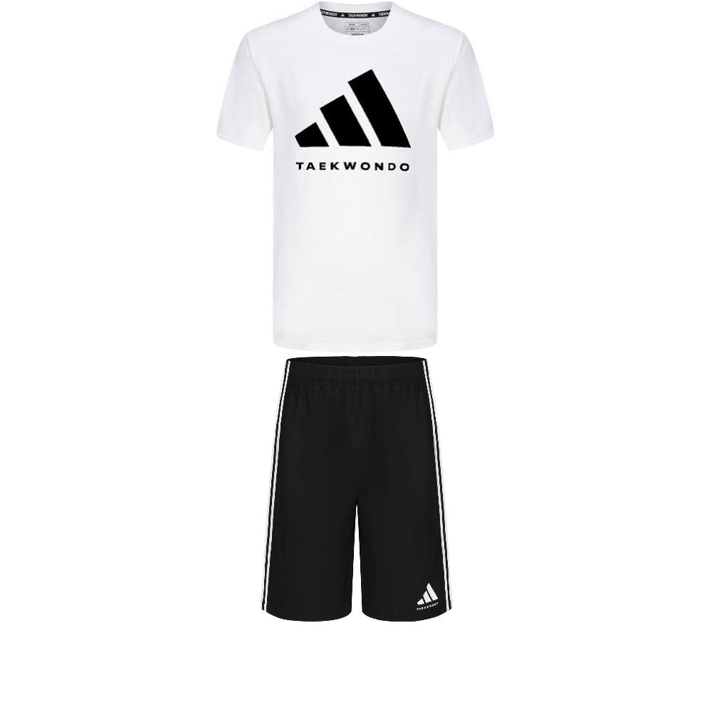 Adidas Taekwondo Round Neck Soft Pullover Short Sleeve T-Shirt Comfortable Striped Fashion Shorts Casual Sports Suit ADICLTS24TKP-WB+S21ATMSH2T-BW