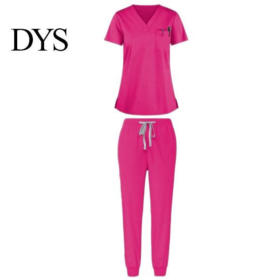 Dentist Uniform 2Pcs/Set Women Hospital Set V-neck Short Sleeve Pockets Tops Elastic Waist Nurse Top Jogger Pants Quick Drying Dental Nursing