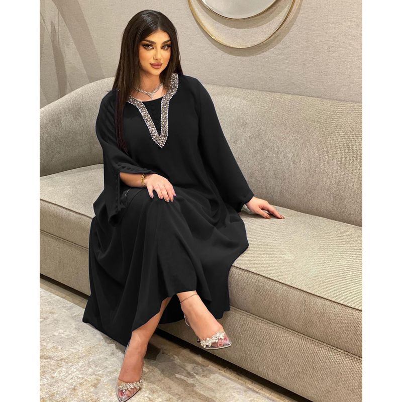 Cross-Border Amazon Indonesia Middle East Hot Selling Female Fashion Plus Size Handmade Beaded Hot Drilling Long Dress Dress
