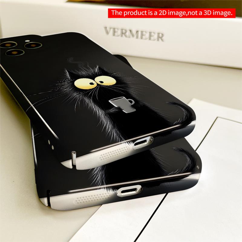 2DFlat Black Cat with Steaming Coffee Cup Phone Case All inclusive film hard iPhone case, compatible with iPhone 18 Pro Max 17 16 15 14 13 12 11