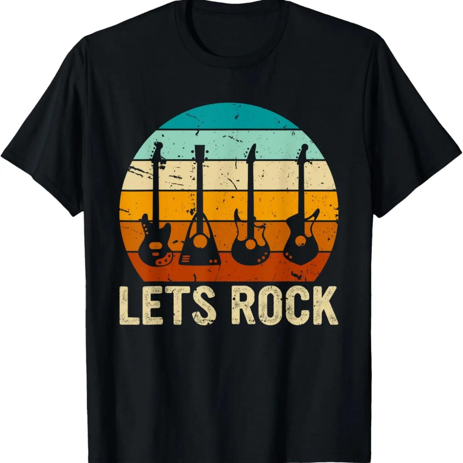 Vintage Retro Lets Rock Rock and Roll Guitar Music T-Shirt XXXXXL чёрный