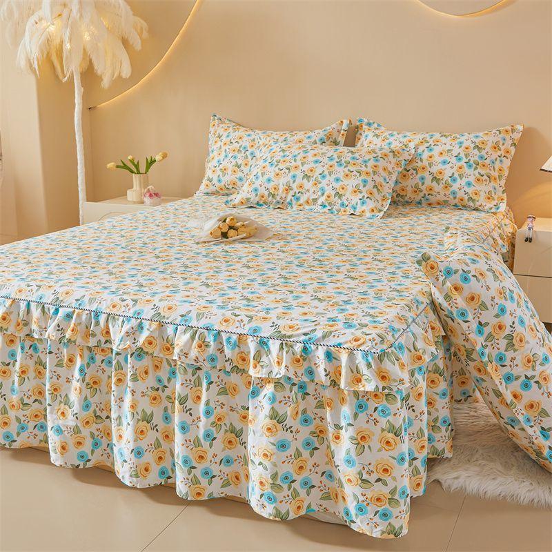 

3pcs Floral Print Bed Skirt Set with Lace Trim Floral Bedding Enhancement|Contemporary Bedskirt|Lace Detailing 150*200cm