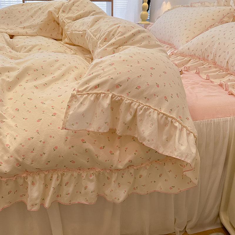 Sweet Flower Printed Bed Skirt Bedding Set Skin Friendly Cotton Nude Sleeping Comforter Set Class-A Twin Single Home Textile