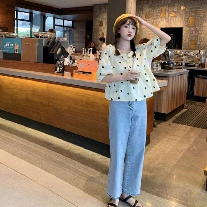 Short-sleeved shirt chiffon polka dot new Korean version bubble sleeve lace-up shirt women's clothing summer loose and thin