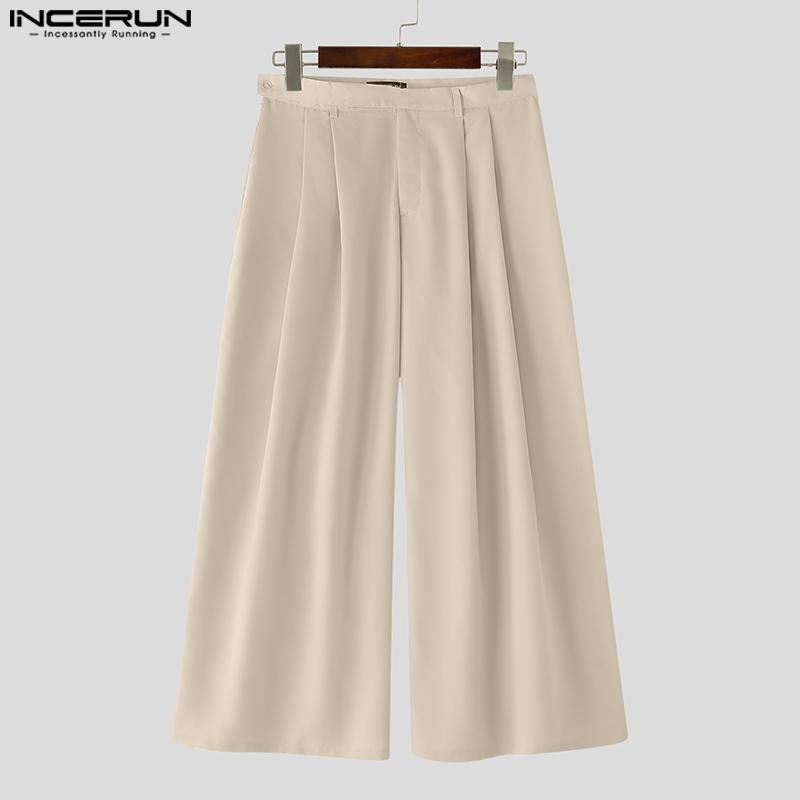 INCERUN Men Zip-up High Waist Casual Long Wide Legs Pants Trousers