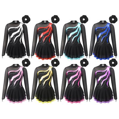 Girls Figure Skating Dance Costume Long Sleeve Rhinestone Patchwork Hollow Back Dress Hair Band