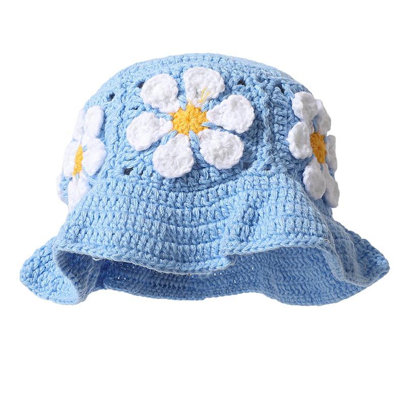 Women Plush Hat Bowler Hat Knitted Hat Breathable Handmade Crochet Vibrant Floral Pattern Cute Hollow Ruffles Colorful 56-58cm