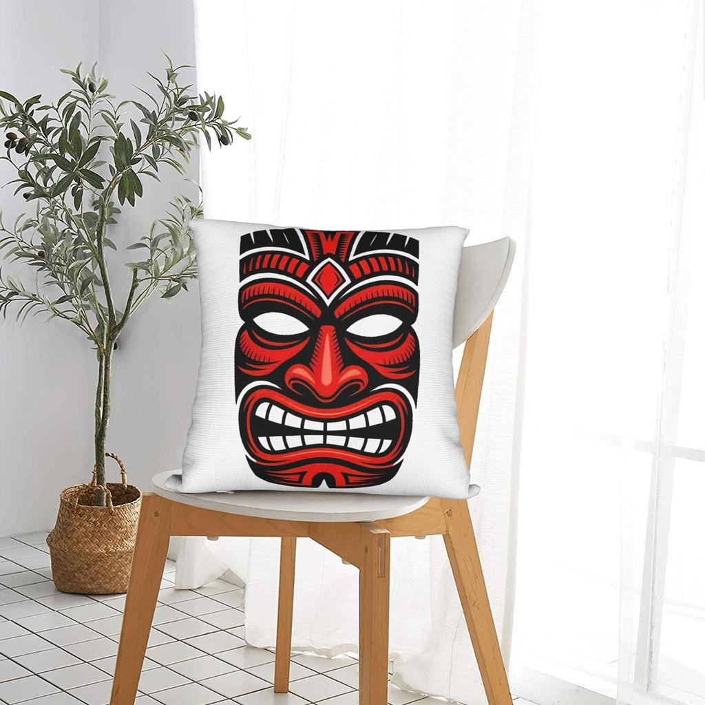 Ancient Dark Tiki Mask Tribal Polynesian Warrior Pillow Case Comfy Pillow Cover Vintage Pillowcases For Sofa Home Decoration