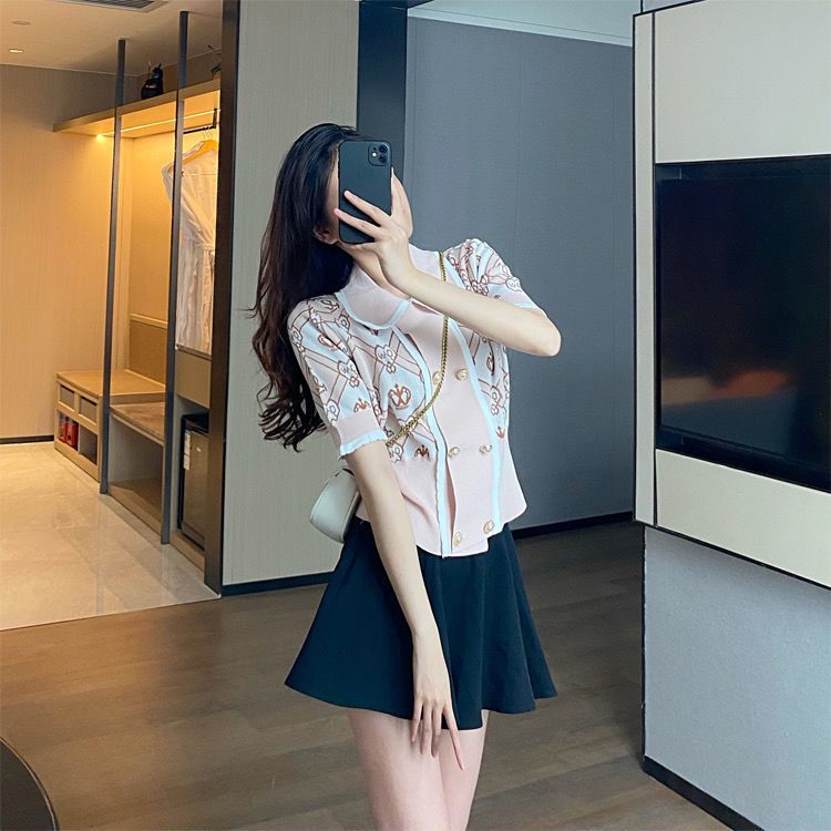 Summer Dress Women's Temperament Doll Collar Short Sleeved Double Breasted Crown Shaped Heart-shaped Jacquard Slim Fitting Knitted Sweater Top