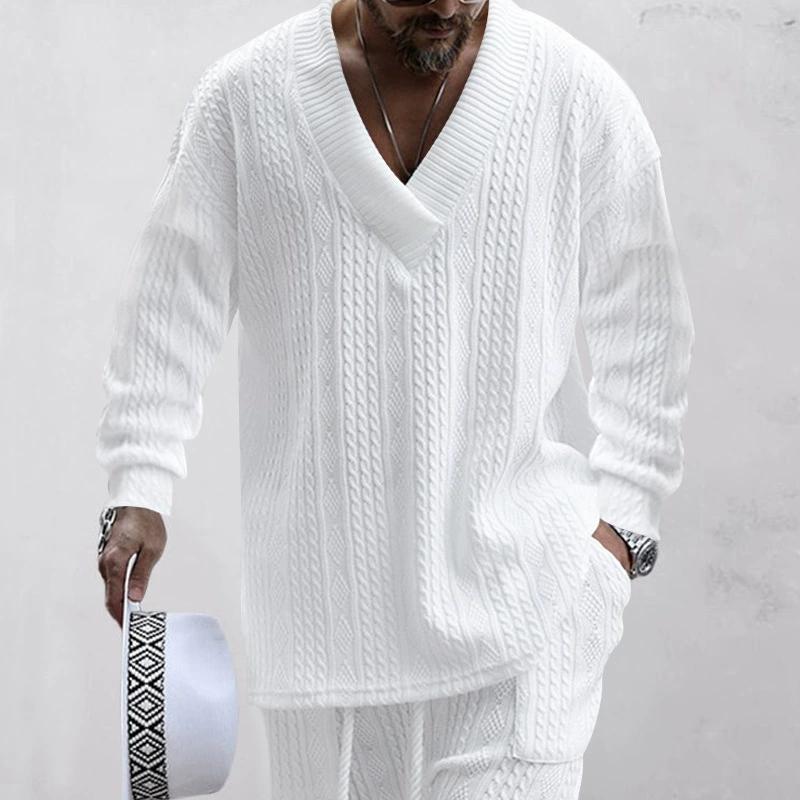 Autumn/Winter Men's Jacquard Loose Knitted Solid Color Casual V-neck Long Sleeve Knitted Shirt