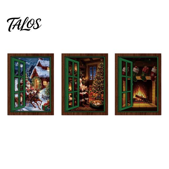 Metal Surface Decoration 3Pcs Christmas Light-up Window Fridge Magnet, Wooden Fake Refrigerator Magnet with LED Light Light, Magnetic for Holiday
