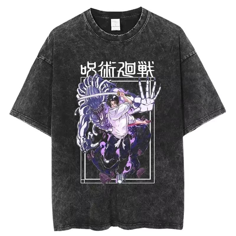 Vintage Anime Printed Washed T-shirt Men Women Cotton T Shirt Unisex Y2K Streetwear Crew Neck Retro Short Sleeve Tees Top