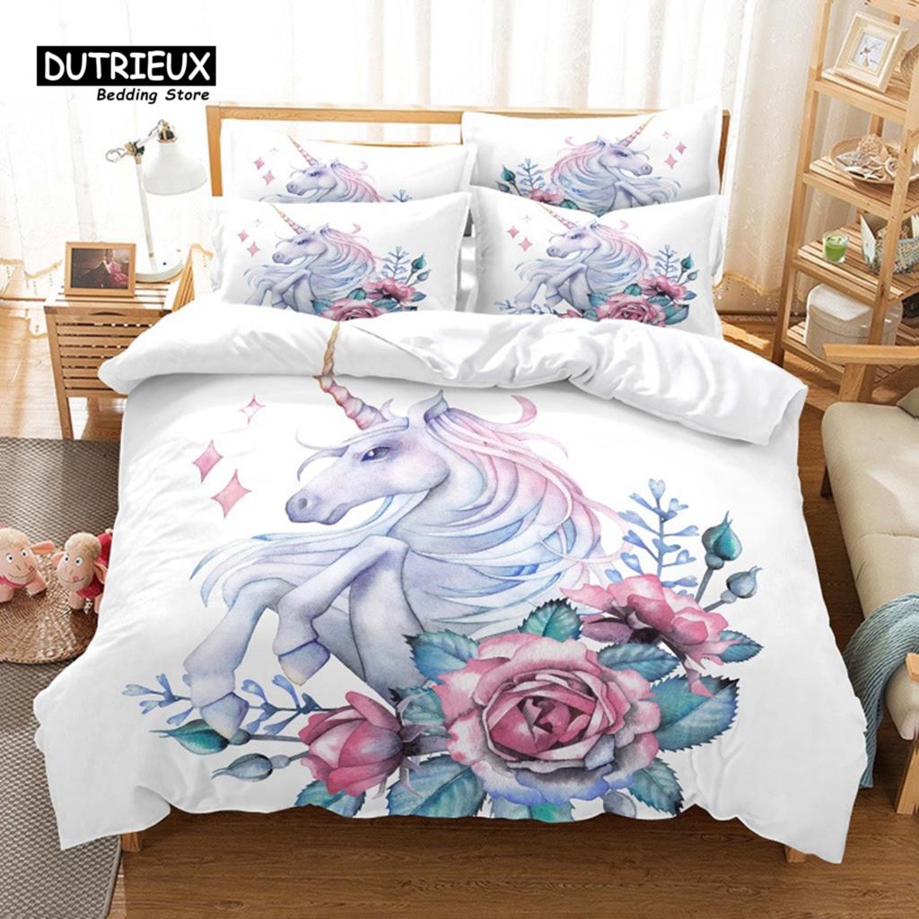 3-teiliges Bettwäsche-Set, Mädchen und Einhorn Bettwäsche-Set, Weiche Bequeme Atmungsaktive Bettbezüge, Für Schlafzimmer Gästezimmer Dekoration