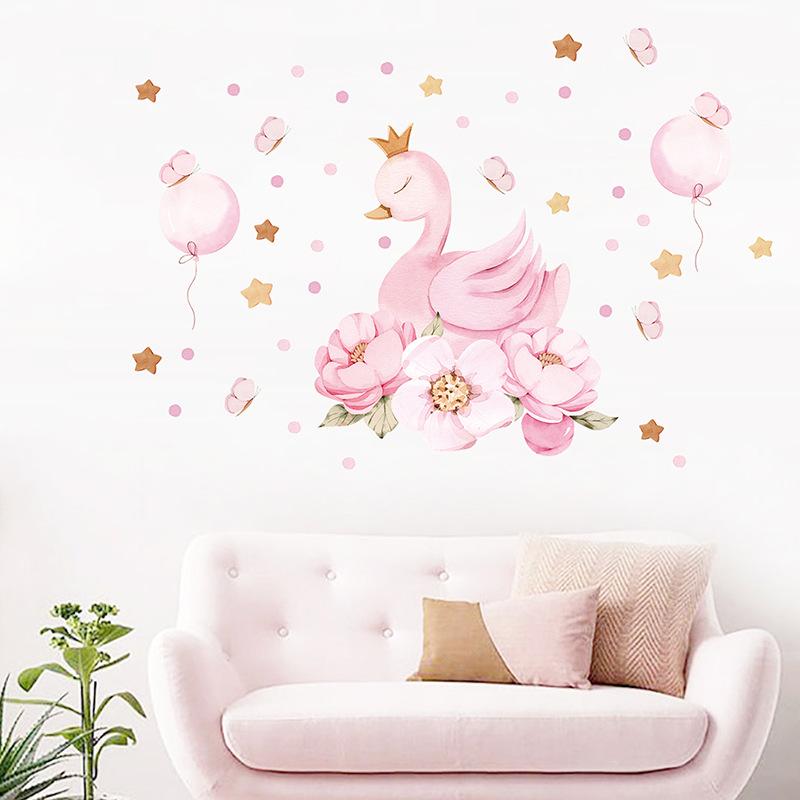 Süße Rosa Schwanenprinzessin Aufkleber Cartoon Mädchen Kinderzimmer Hintergrundwand Verschönerung Dekoration Aufkleber