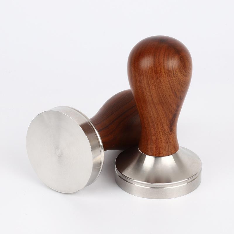 Stainless Steel Flat Bottom Coffee Tamper with Rosewood or Walnut Handle, Available in 51mm, 53mm, or 58mm Sizes.
