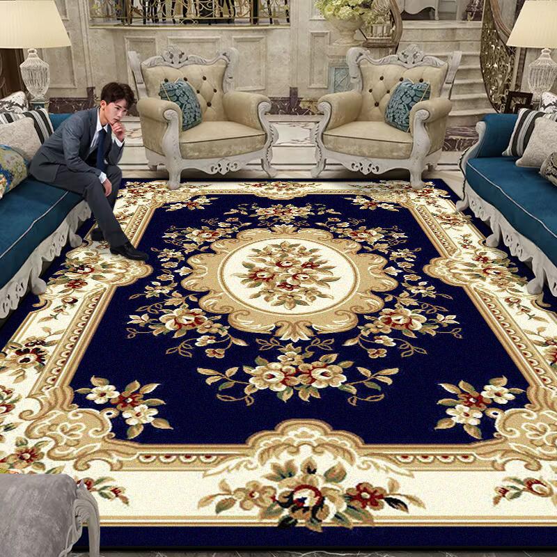 Luxury Large Living Room Rug Non-slip Flower Design Blue Sofa Table Mat Border Design Soft Lounge Rug Machine Washable Flannel
