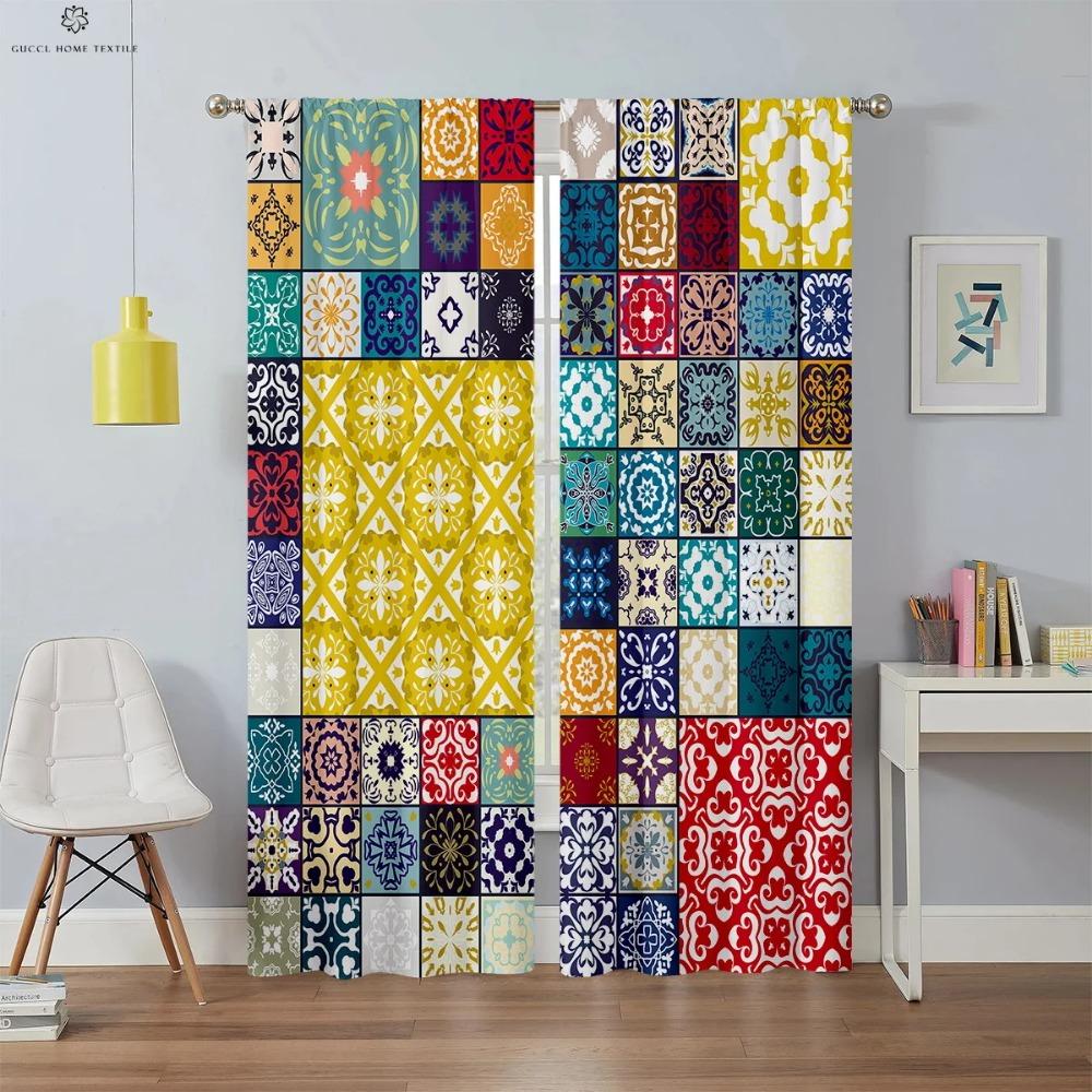 Bohemian Window Drapes with Colorful Pattern, Printed Curtain, Rod Pocket, Bedroom, Living Room, Study, Kitchen, 2 Pieces