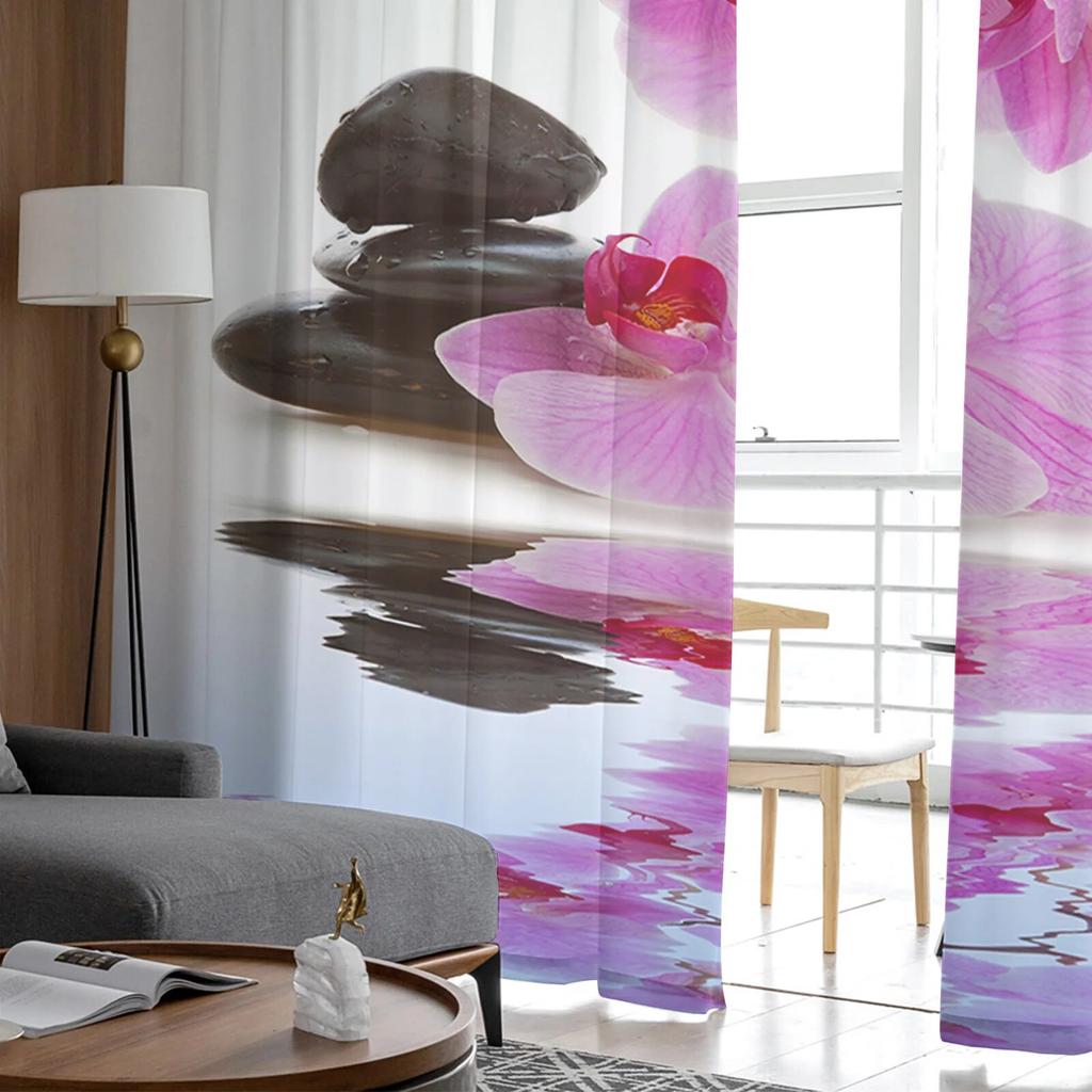 Flower Pink Orchid Reflection Sheer Curtains for Girl Kids Bedroom Kitchen Window Drapes Curtain Home Decoration