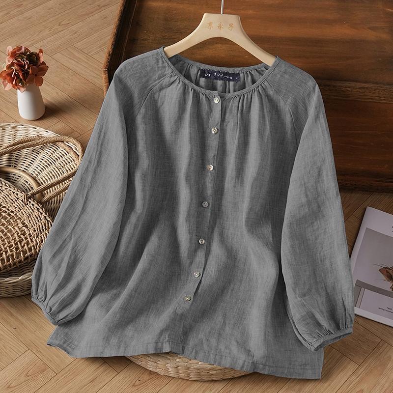 ZANZEA Women Casual Round Neck Solid Color Loose Long Sleeve Blouse
