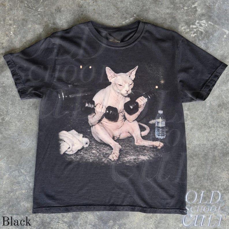 

Sphynx Cat Workout Vintage Graphic T Shirt Retro Funny Fitness Cat Graphic Tee Unisex T-Shirt S
