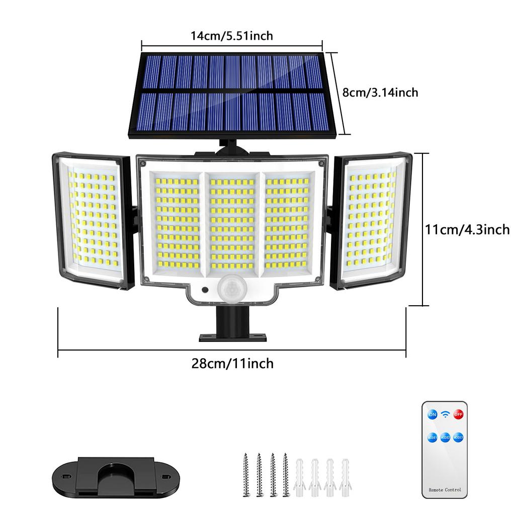 Solar Outdoor Lights 3500LM 348 LED Security Lights with Remote Control IP65 Waterproof 3 Heads Motion Sensor Lights Solar Light